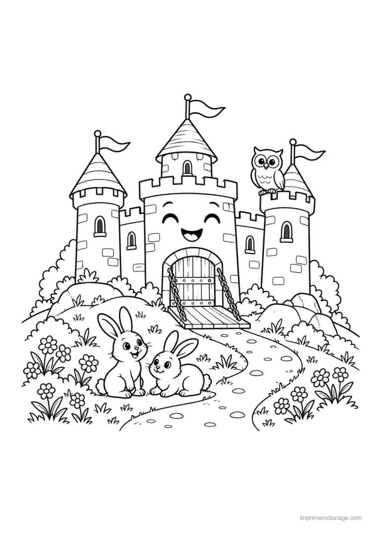 coloriage chateau friend lapins hibou fleurs - dessin gratuit &agrave; imprimer