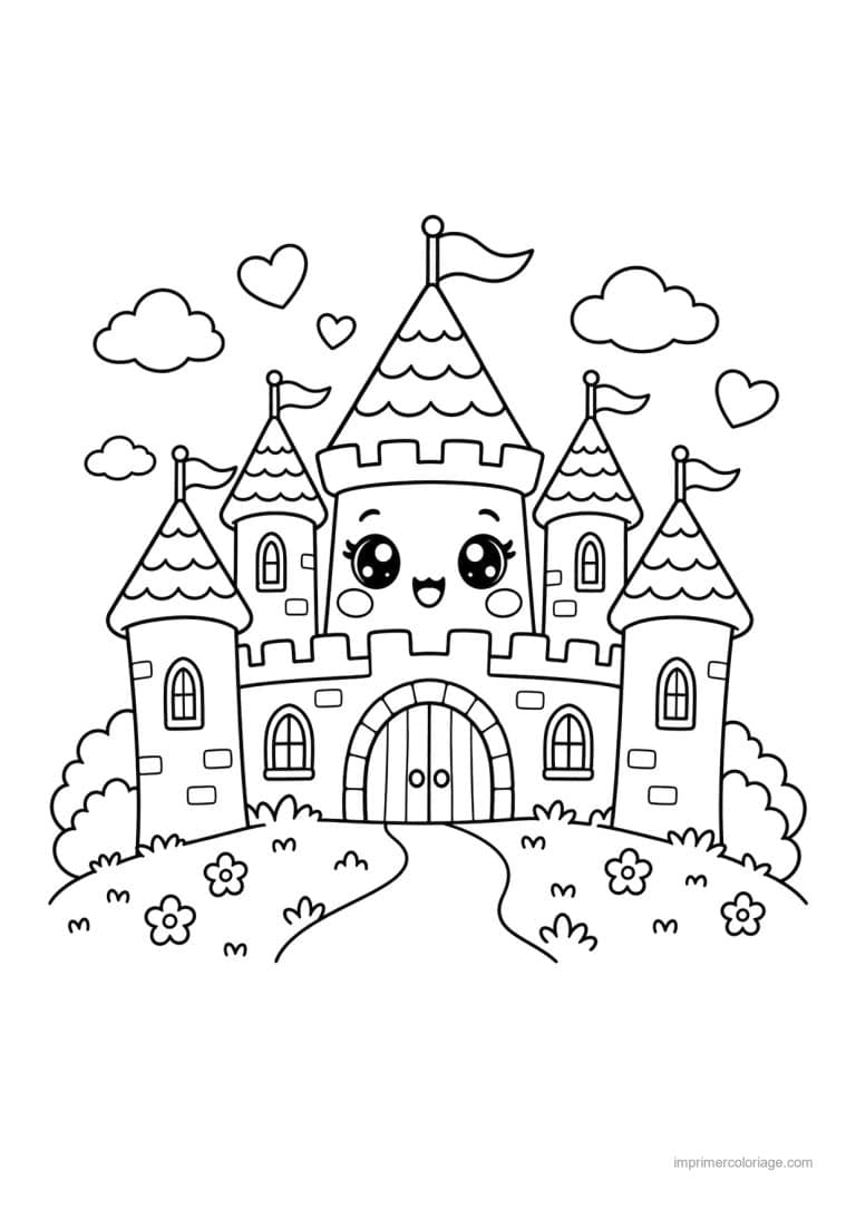 coloriage chateau kawaii colline nuages - dessin gratuit &agrave; imprimer