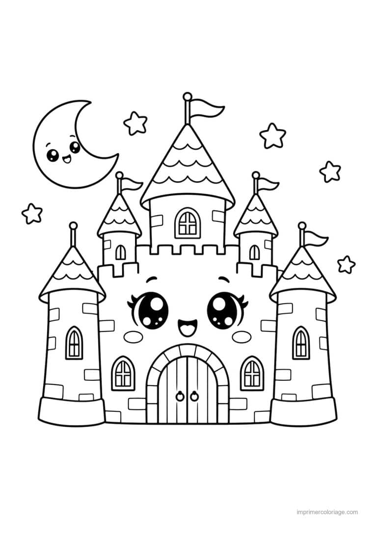 coloriage chateau kawaii lune etoiles - dessin gratuit &agrave; imprimer