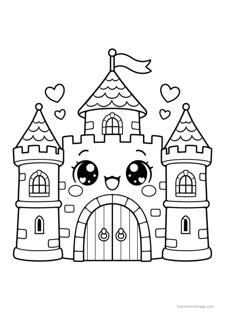 coloriage chateau kawaii petits coeurs - dessin gratuit &agrave; imprimer