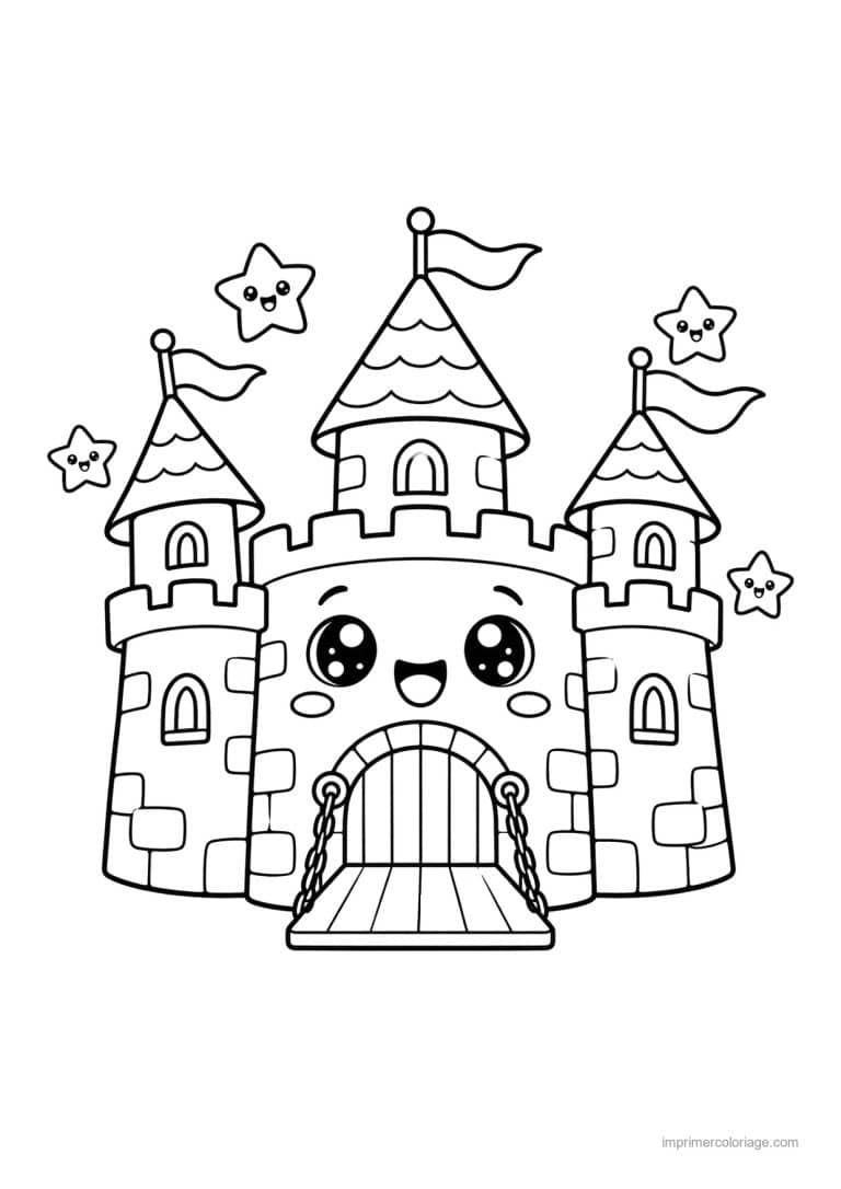 coloriage chateau kawaii pont levis etoiles - dessin gratuit &agrave; imprimer