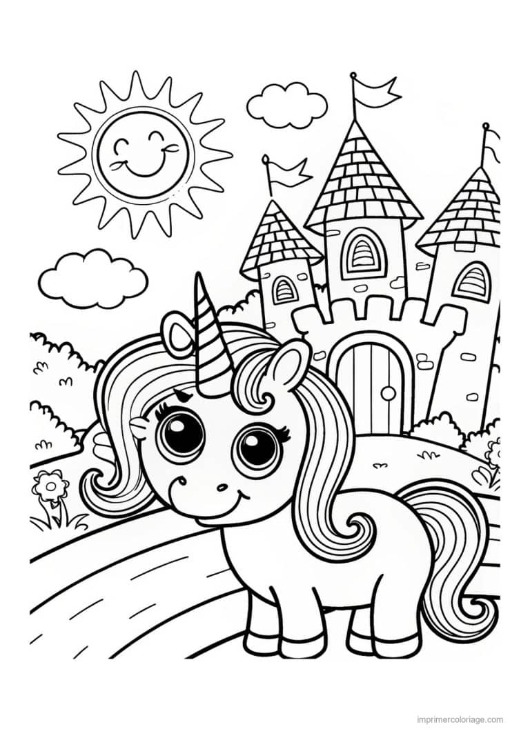 coloriage chateau licorne devant chateau 01 - dessin gratuit &agrave; imprimer