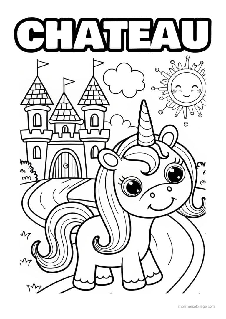 coloriage chateau licorne devant chateau 02 - dessin gratuit &agrave; imprimer