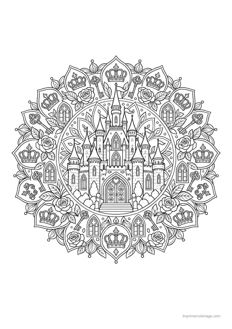 coloriage chateau mandala couronnes roses - dessin gratuit &agrave; imprimer
