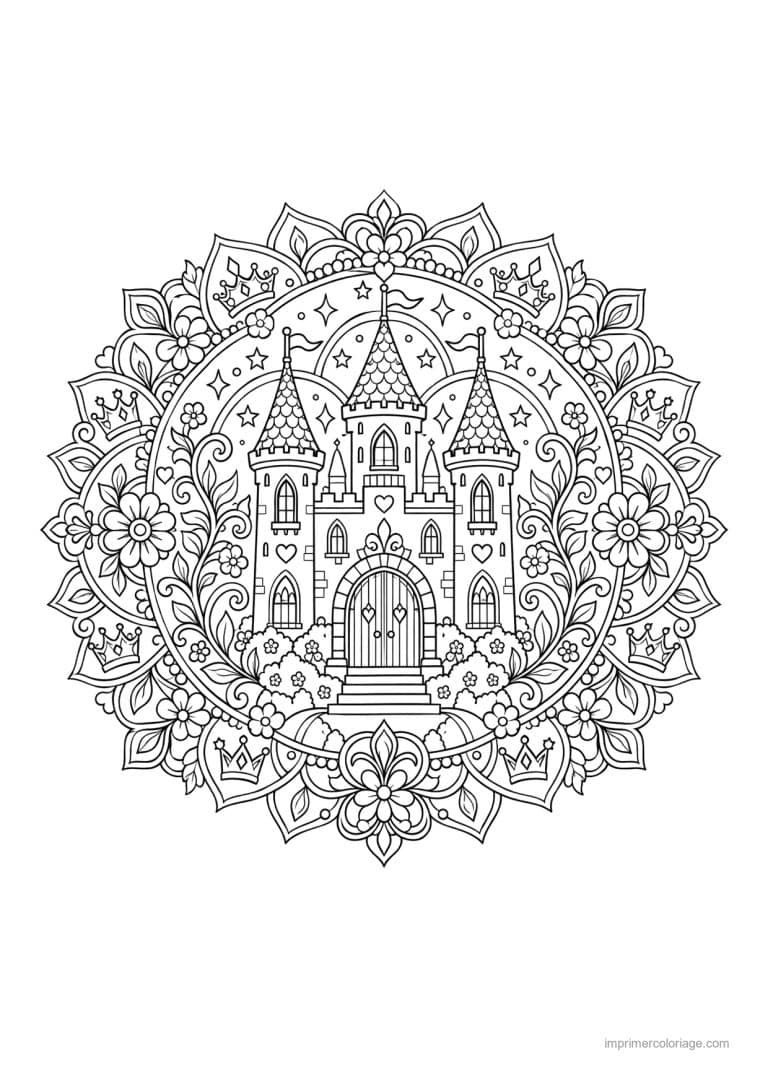 coloriage chateau mandala tours fleurs - dessin gratuit &agrave; imprimer