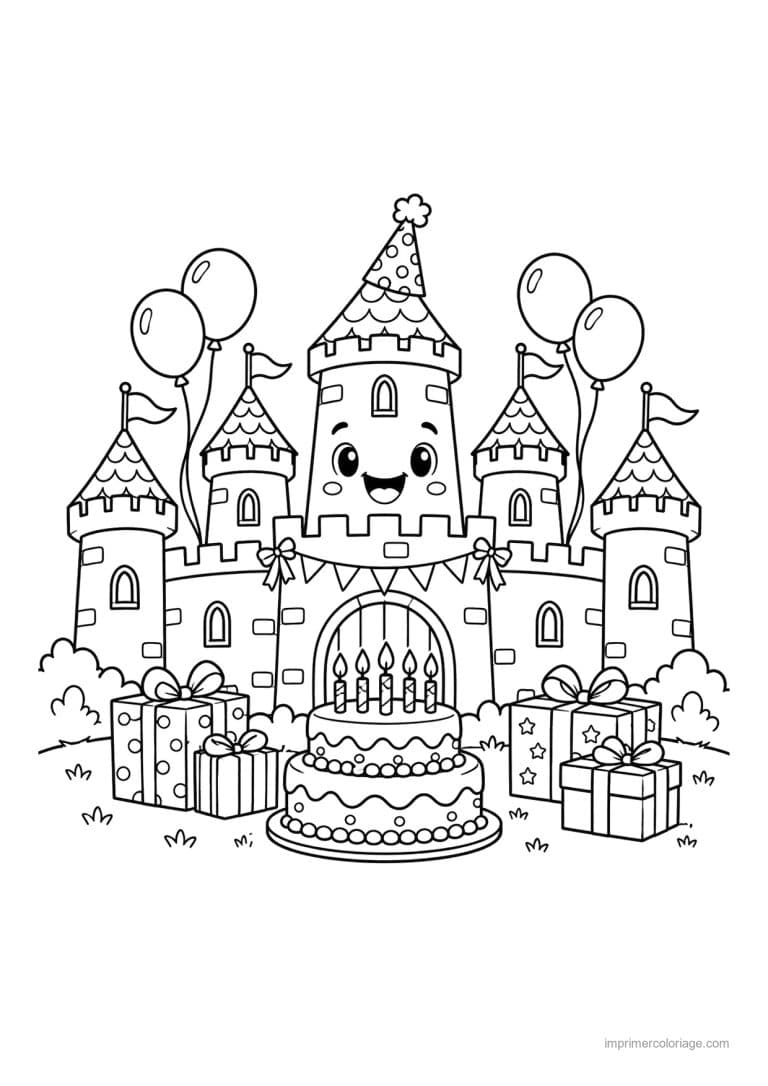 coloriage chateau party anniversaire gateau ballons - dessin gratuit &agrave; imprimer