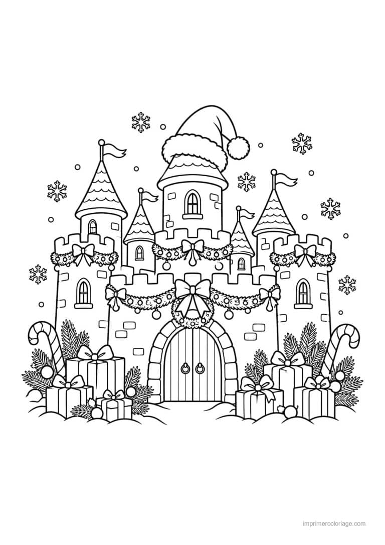 coloriage chateau party noel bonnet cadeaux - dessin gratuit &agrave; imprimer