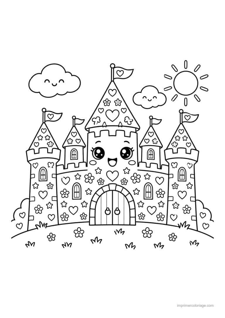 coloriage chateau pattern motifs coeurs fleurs - dessin gratuit &agrave; imprimer