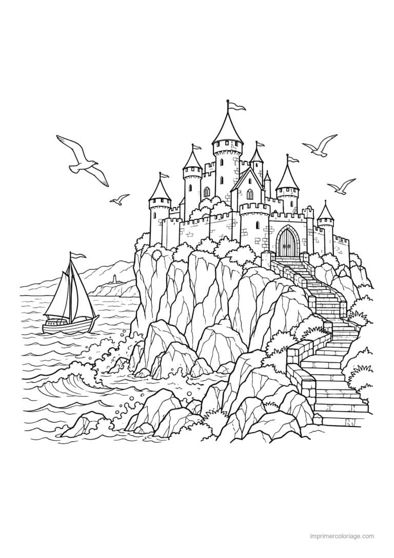 coloriage chateau scene falaise mer bateau - dessin gratuit &agrave; imprimer