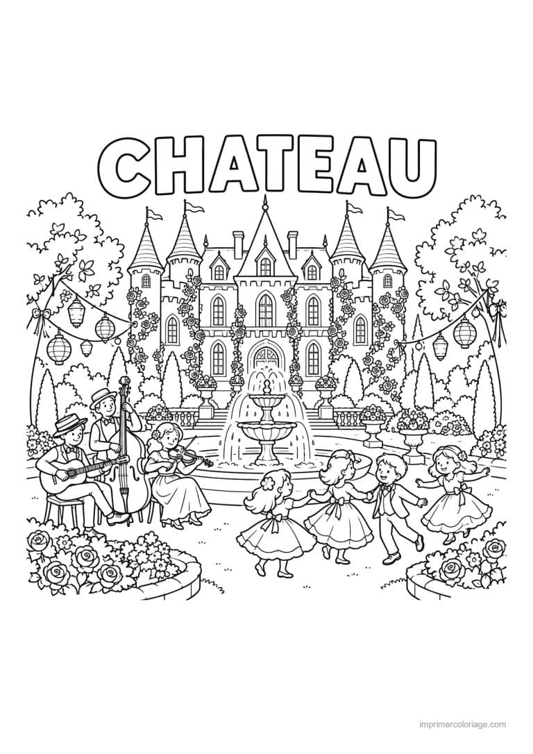 coloriage chateau scene fete jardin fontaine titre haut - dessin gratuit &agrave; imprimer