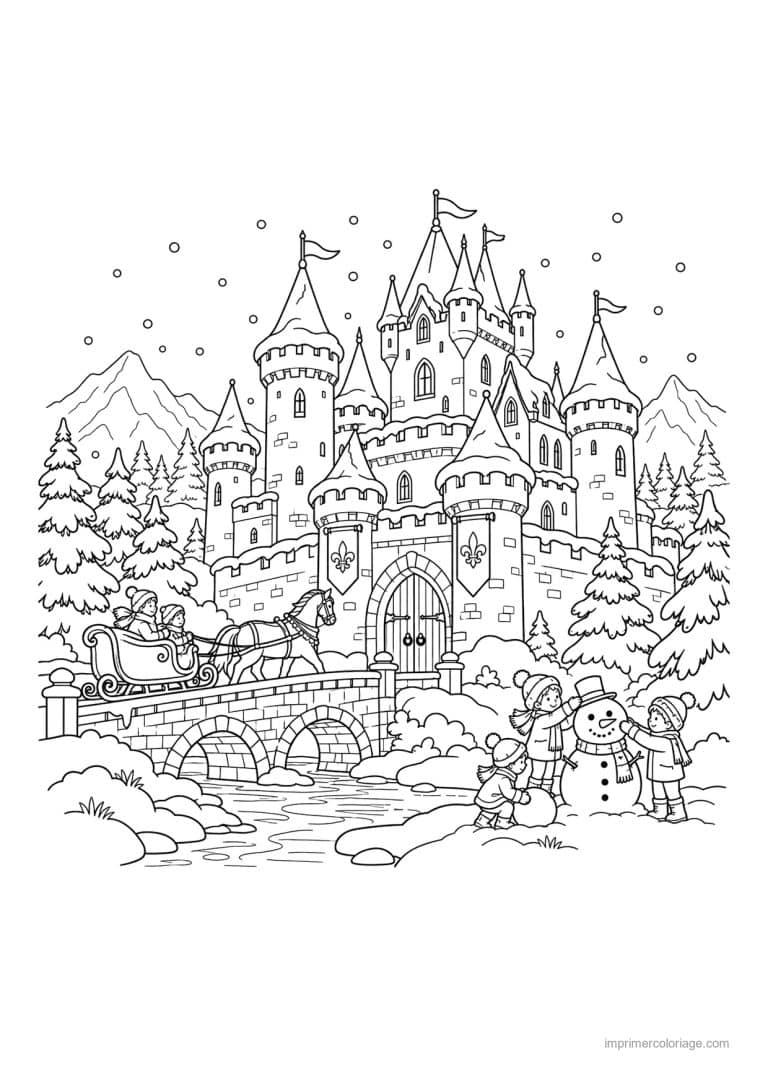coloriage chateau scene hiver neige traineau - dessin gratuit &agrave; imprimer