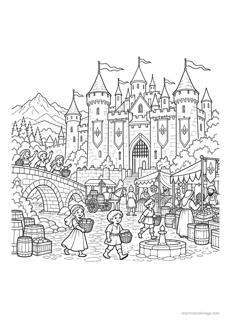 coloriage chateau scene medieval cour marche - dessin gratuit &agrave; imprimer