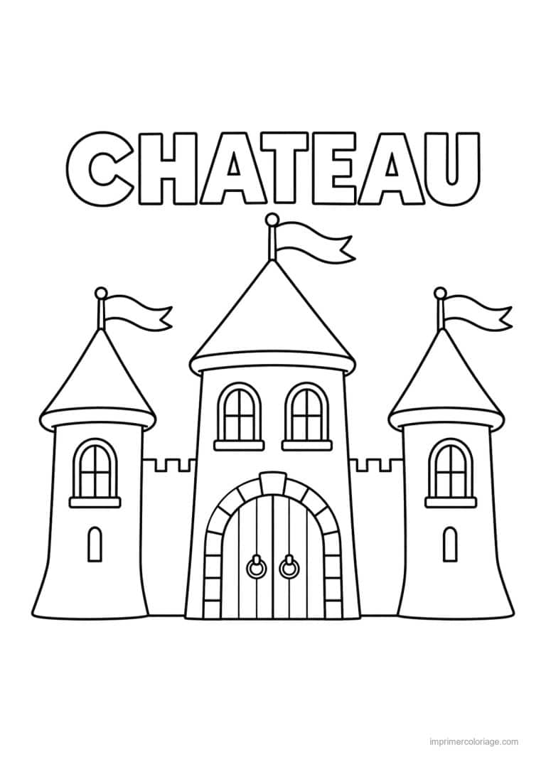 coloriage chateau simple tours drapeaux titre haut - dessin gratuit &agrave; imprimer