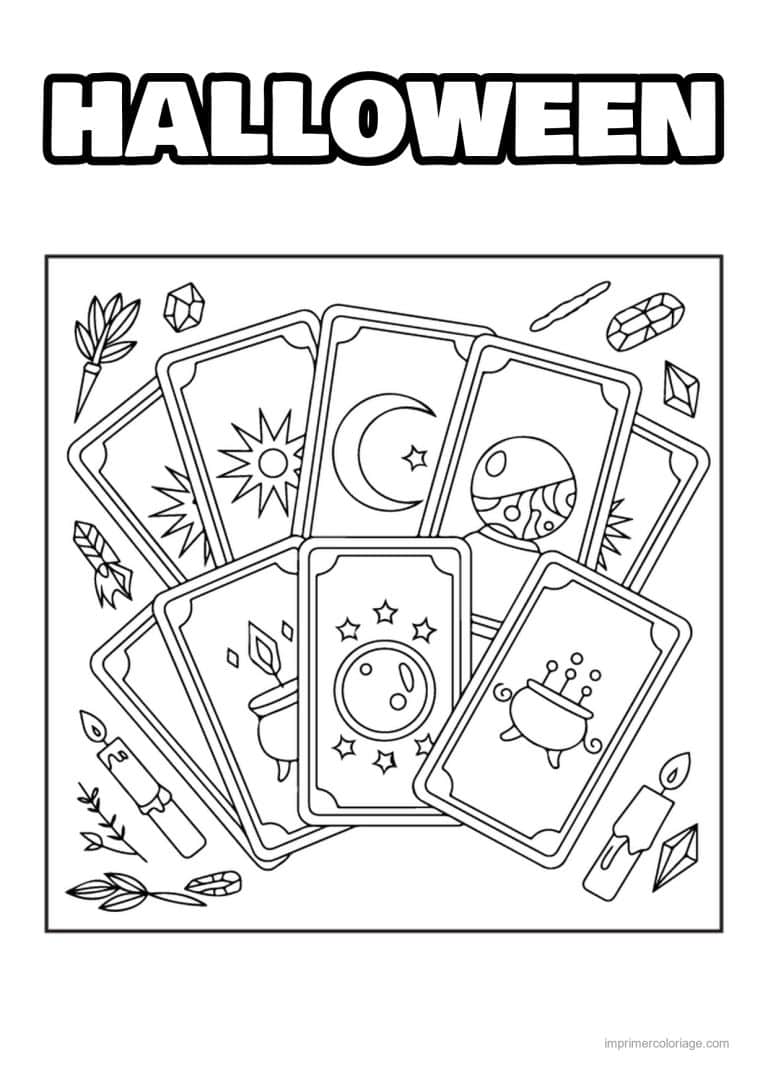 coloriage chaudron potion cartes de tarot et cristaux - dessin gratuit &agrave; imprimer