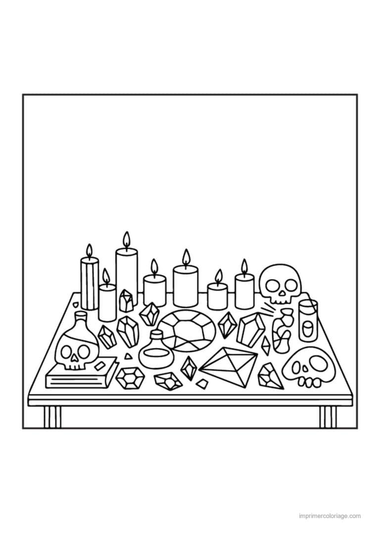 coloriage chaudron potion table de rituel bougies et cristaux - dessin gratuit &agrave; imprimer