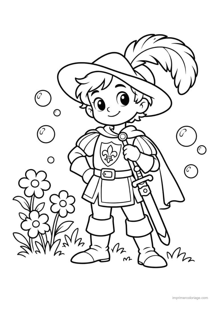 coloriage chevalier cute chapeau a plume - dessin gratuit &agrave; imprimer