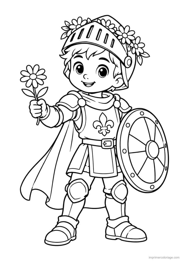 coloriage chevalier cute couronne fleurs bouclier - dessin gratuit &agrave; imprimer
