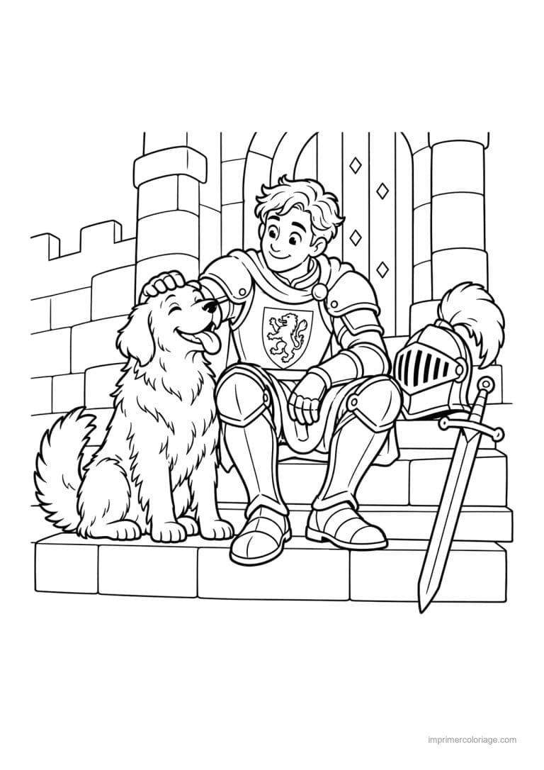 coloriage chevalier friend chien chateau - dessin gratuit &agrave; imprimer