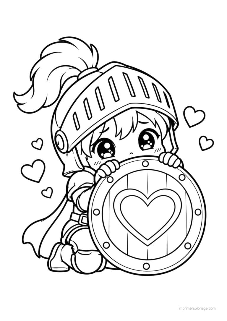 coloriage chevalier kawaii bouclier coeurs - dessin gratuit &agrave; imprimer