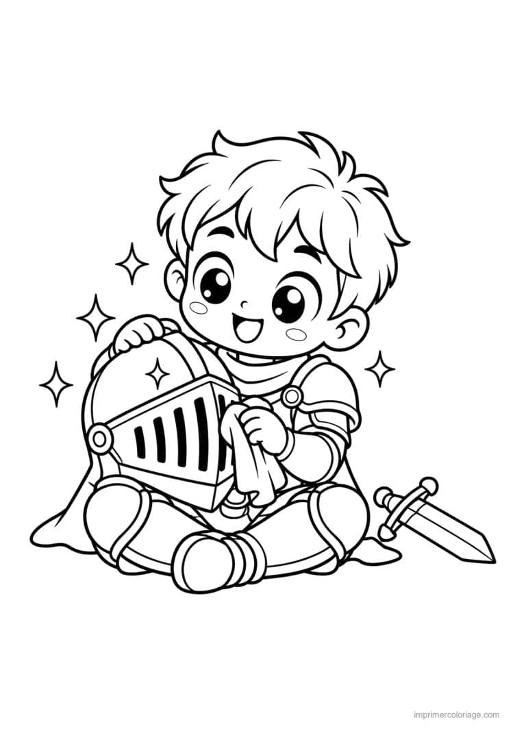 coloriage chevalier kawaii casque brillant - dessin gratuit &agrave; imprimer
