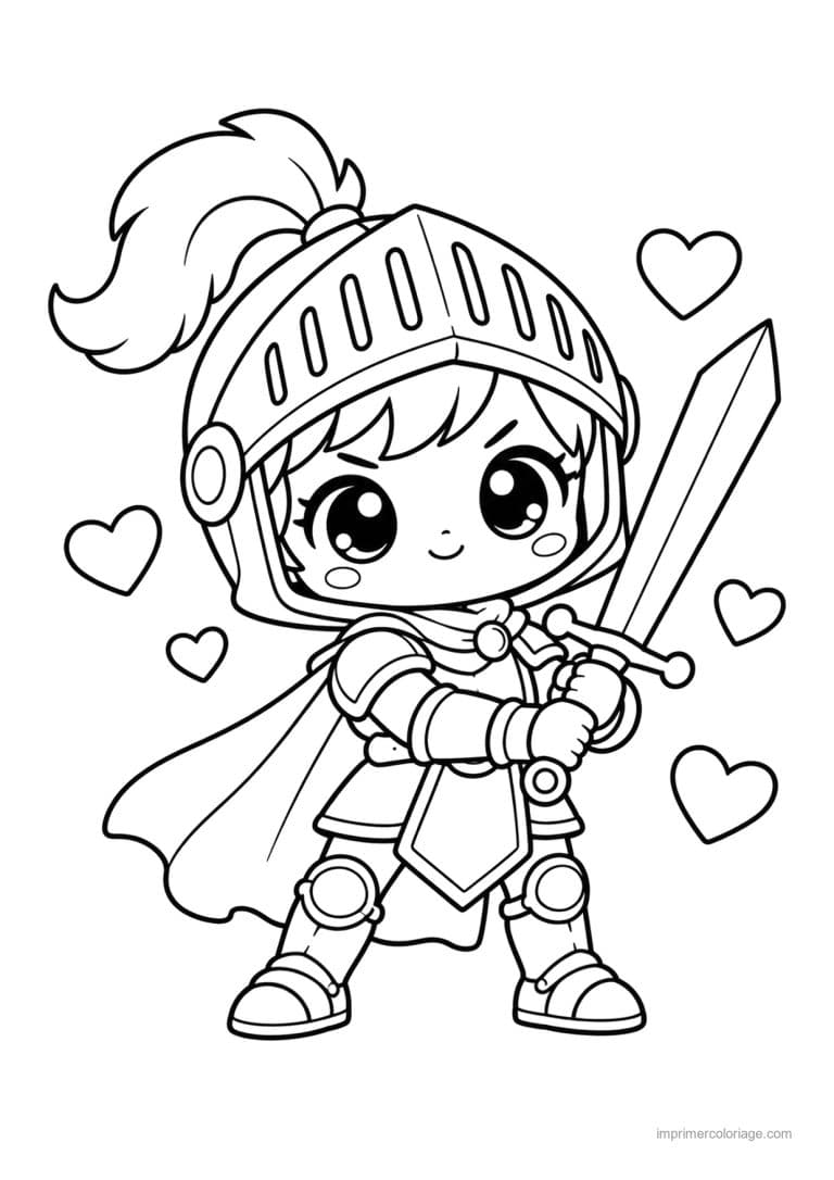 coloriage chevalier kawaii casque epee coeurs - dessin gratuit &agrave; imprimer