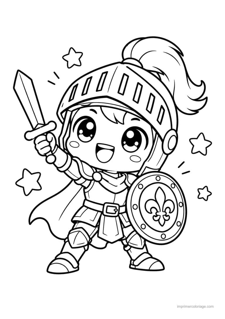 coloriage chevalier kawaii epee bouclier etoiles - dessin gratuit &agrave; imprimer