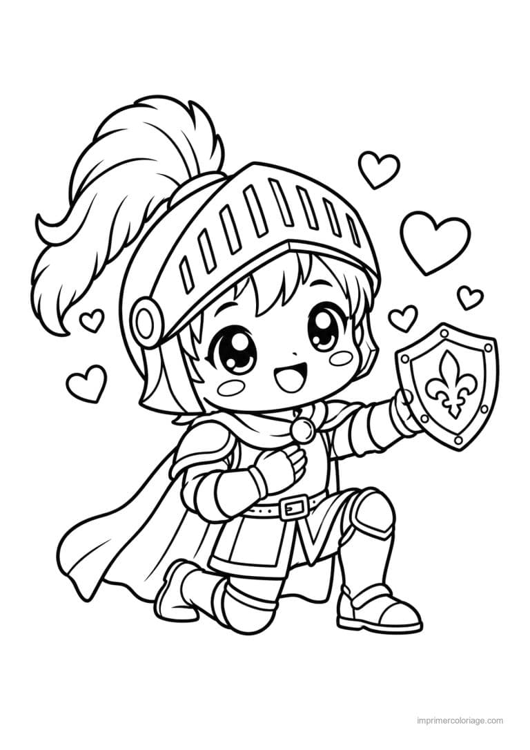 coloriage chevalier kawaii genou bouclier coeurs - dessin gratuit &agrave; imprimer