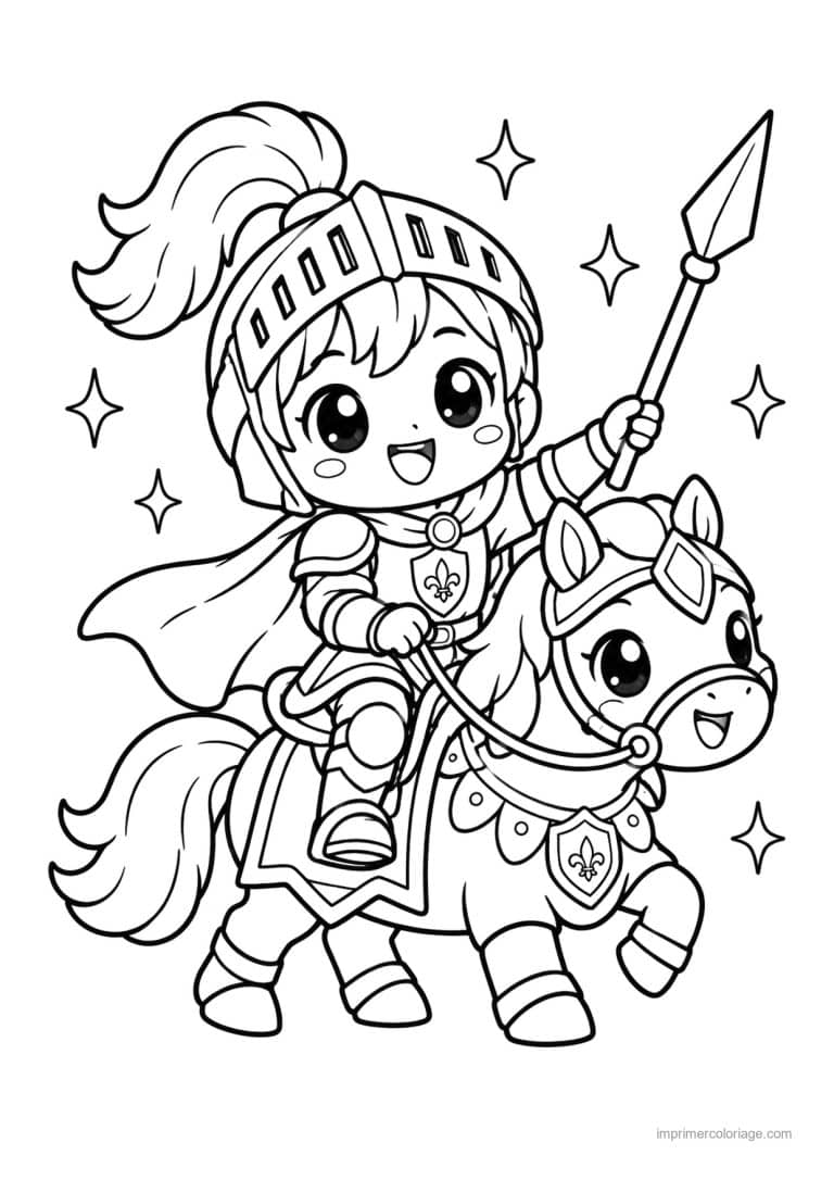coloriage chevalier kawaii poney lance etoiles - dessin gratuit &agrave; imprimer
