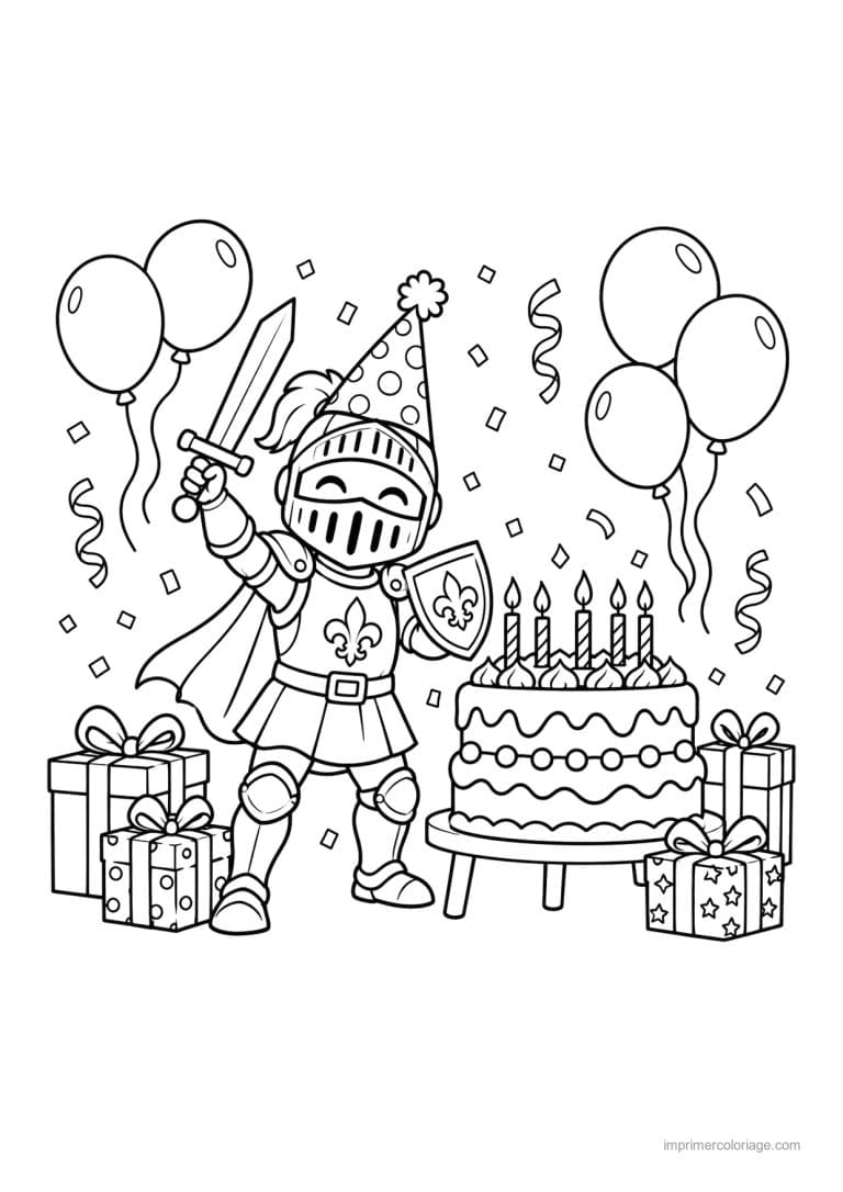 coloriage chevalier party anniversaire gateau ballons - dessin gratuit &agrave; imprimer