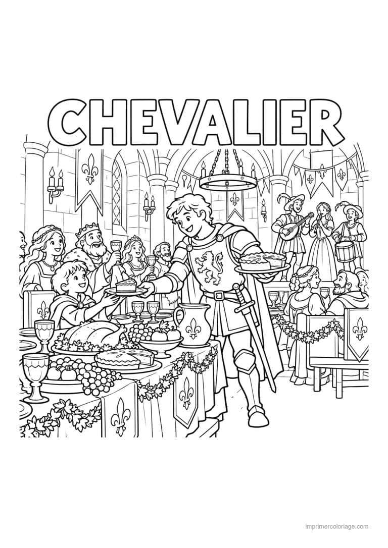 coloriage chevalier scene banquet chateau titre haut - dessin gratuit &agrave; imprimer