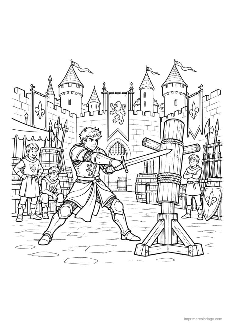 coloriage chevalier scene entrainement cour chateau - dessin gratuit &agrave; imprimer