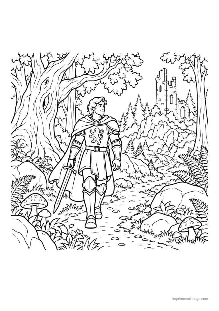coloriage chevalier scene foret tour ruinee - dessin gratuit &agrave; imprimer