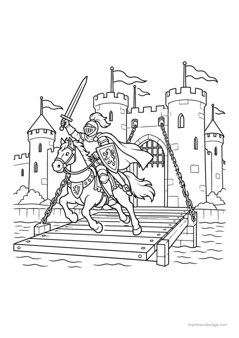 coloriage chevalier scene galop pont levis - dessin gratuit &agrave; imprimer