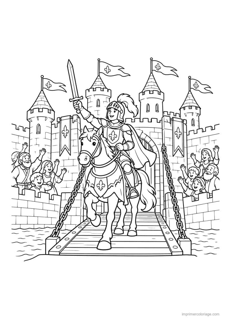 coloriage chevalier scene pont levis chateau - dessin gratuit &agrave; imprimer