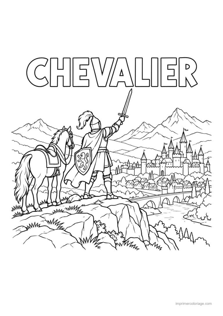 coloriage chevalier scene sommet vue chateau titre haut - dessin gratuit &agrave; imprimer