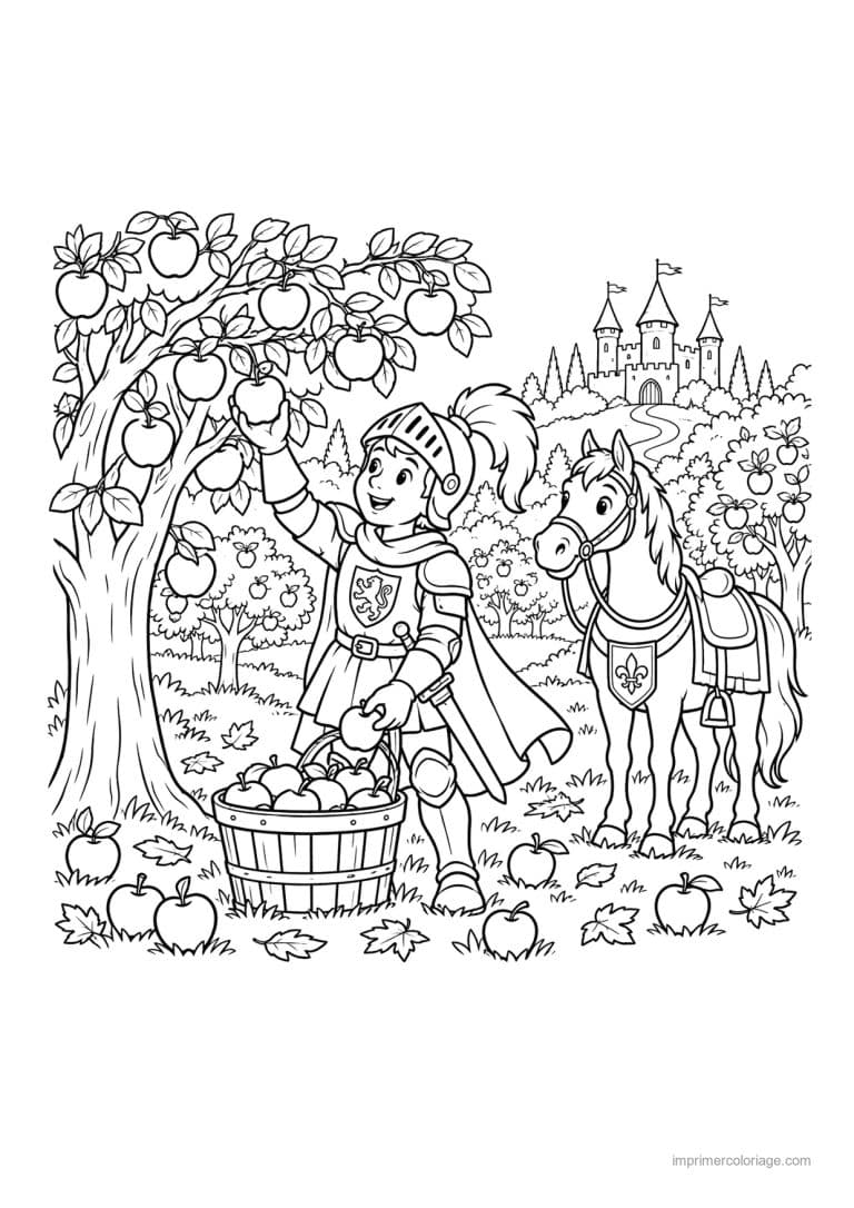 coloriage chevalier scene verger automne - dessin gratuit &agrave; imprimer