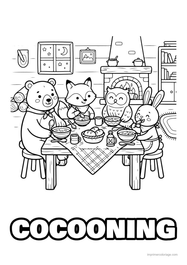 coloriage cocooning animaux qui mangent la soupe - dessin gratuit &agrave; imprimer