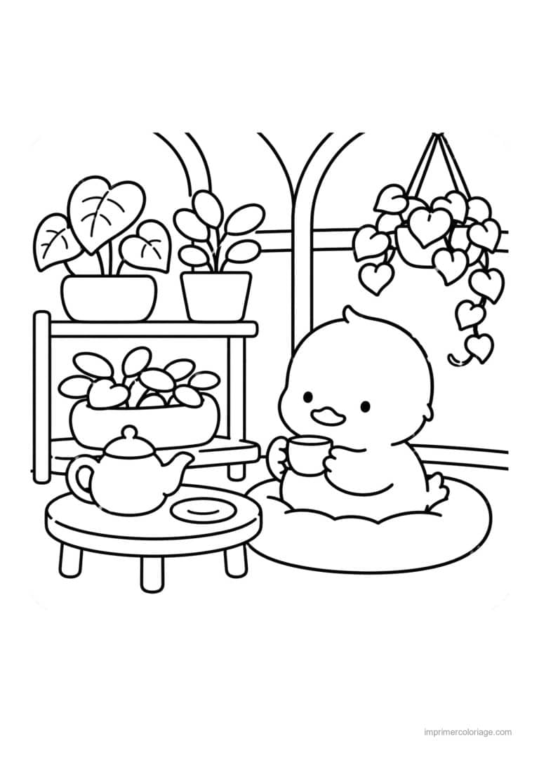 coloriage cocooning caneton boit le the aux plantes - dessin gratuit &agrave; imprimer