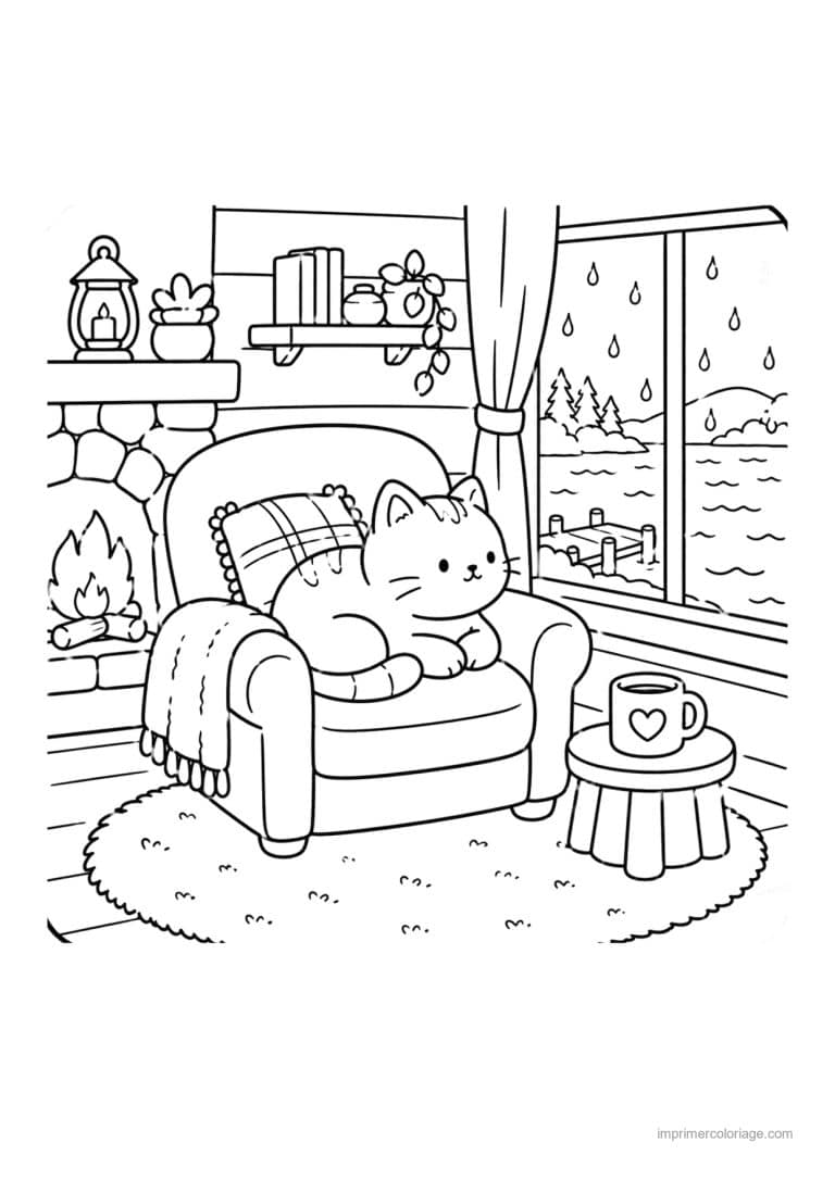 coloriage cocooning chat au fauteuil pres du feu - dessin gratuit &agrave; imprimer