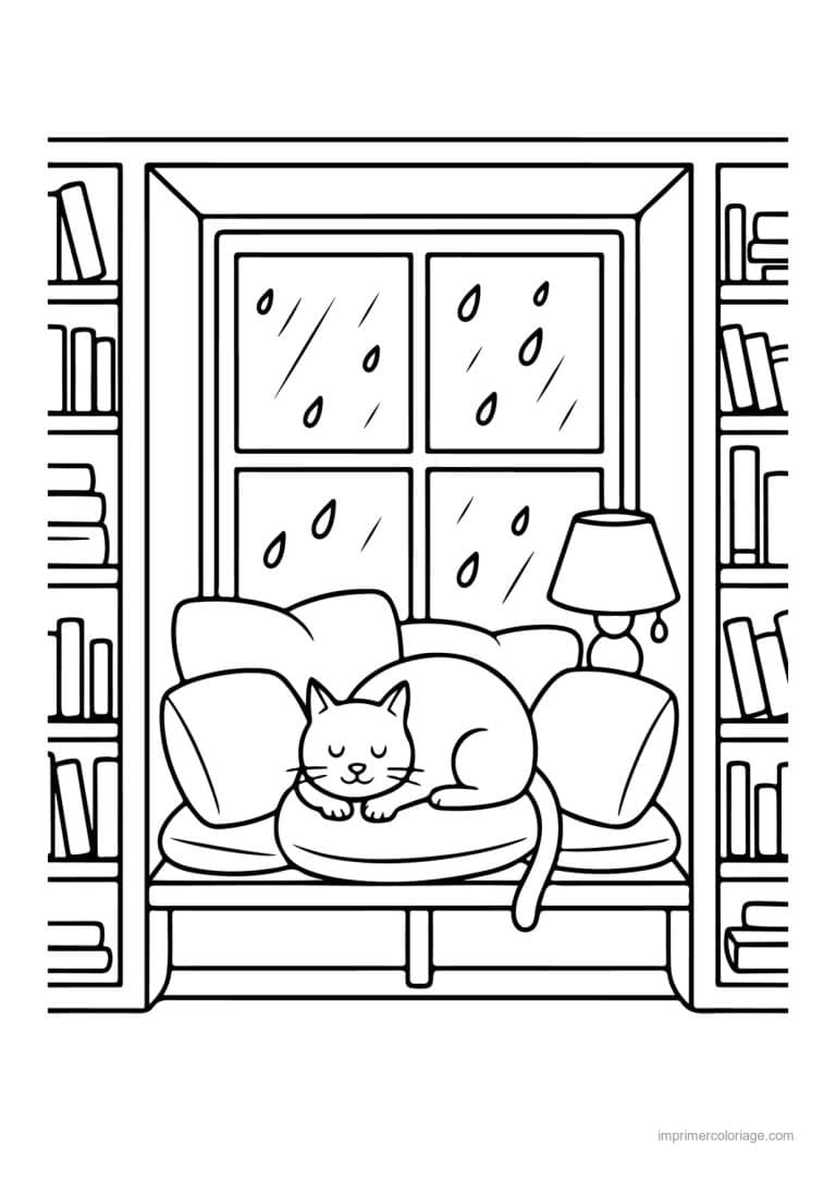 coloriage cocooning chat dort banquette jour de pluie - dessin gratuit &agrave; imprimer