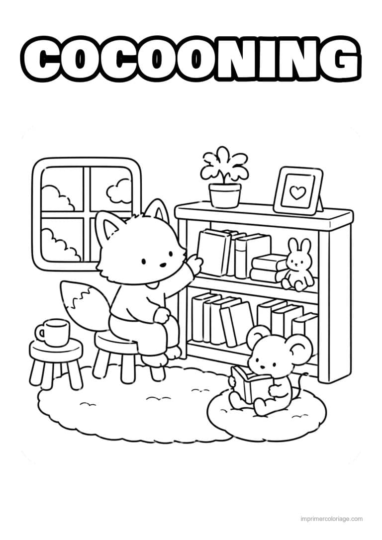 coloriage cocooning chat et souris a la bibliotheque - dessin gratuit &agrave; imprimer