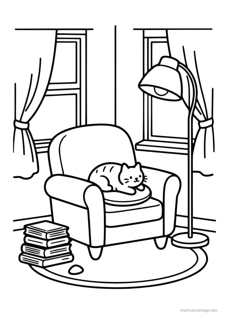 coloriage cocooning chat qui dort dans un fauteuil - dessin gratuit &agrave; imprimer