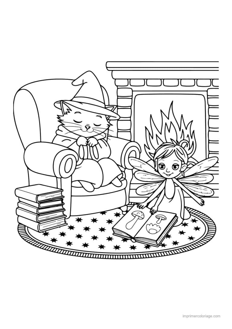 coloriage cocooning chat sorcier et fee - dessin gratuit &agrave; imprimer