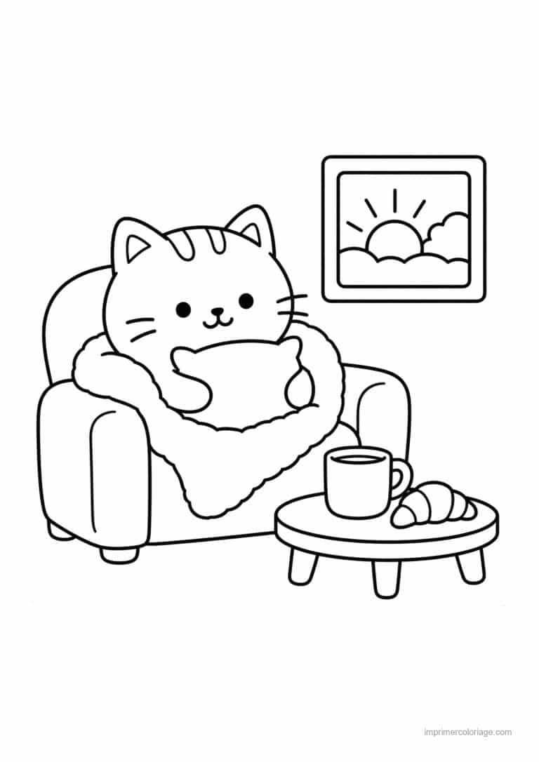 coloriage cocooning chat sous un plaid au fauteuil - dessin gratuit &agrave; imprimer
