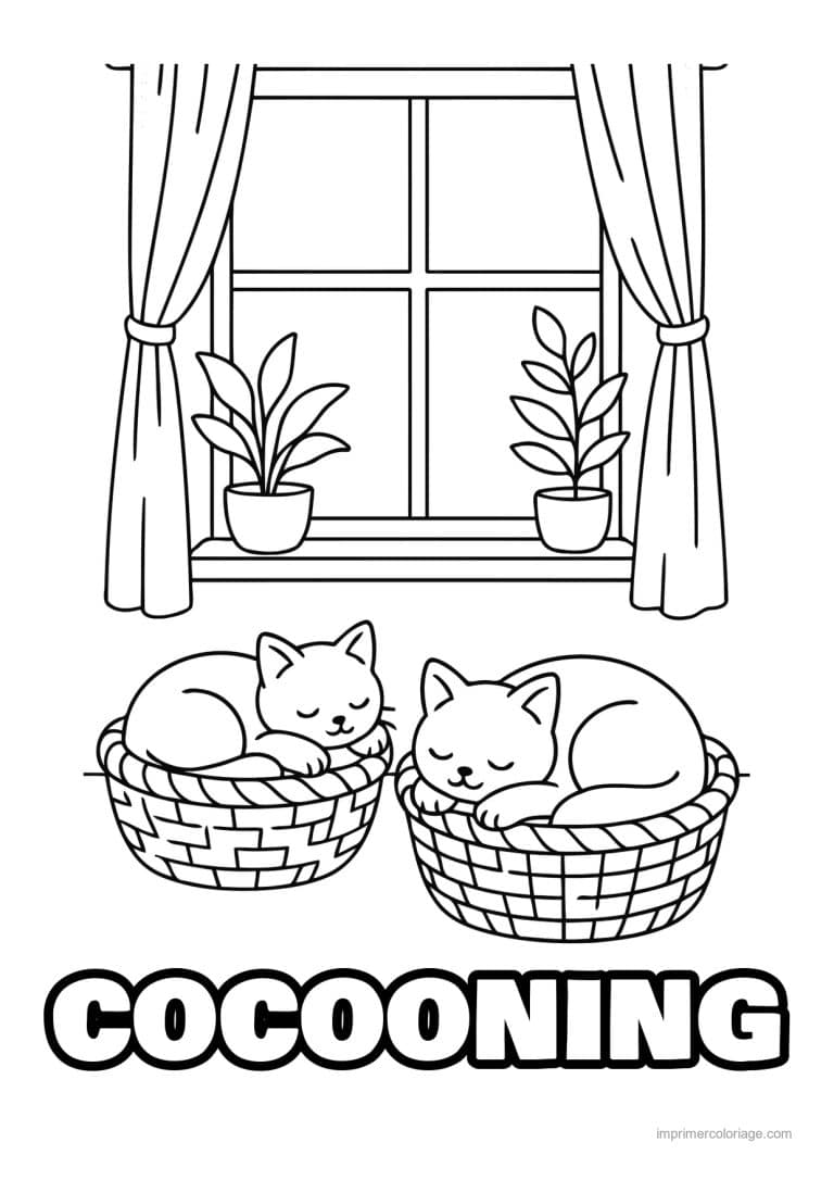 coloriage cocooning chats qui dorment dans des paniers - dessin gratuit &agrave; imprimer