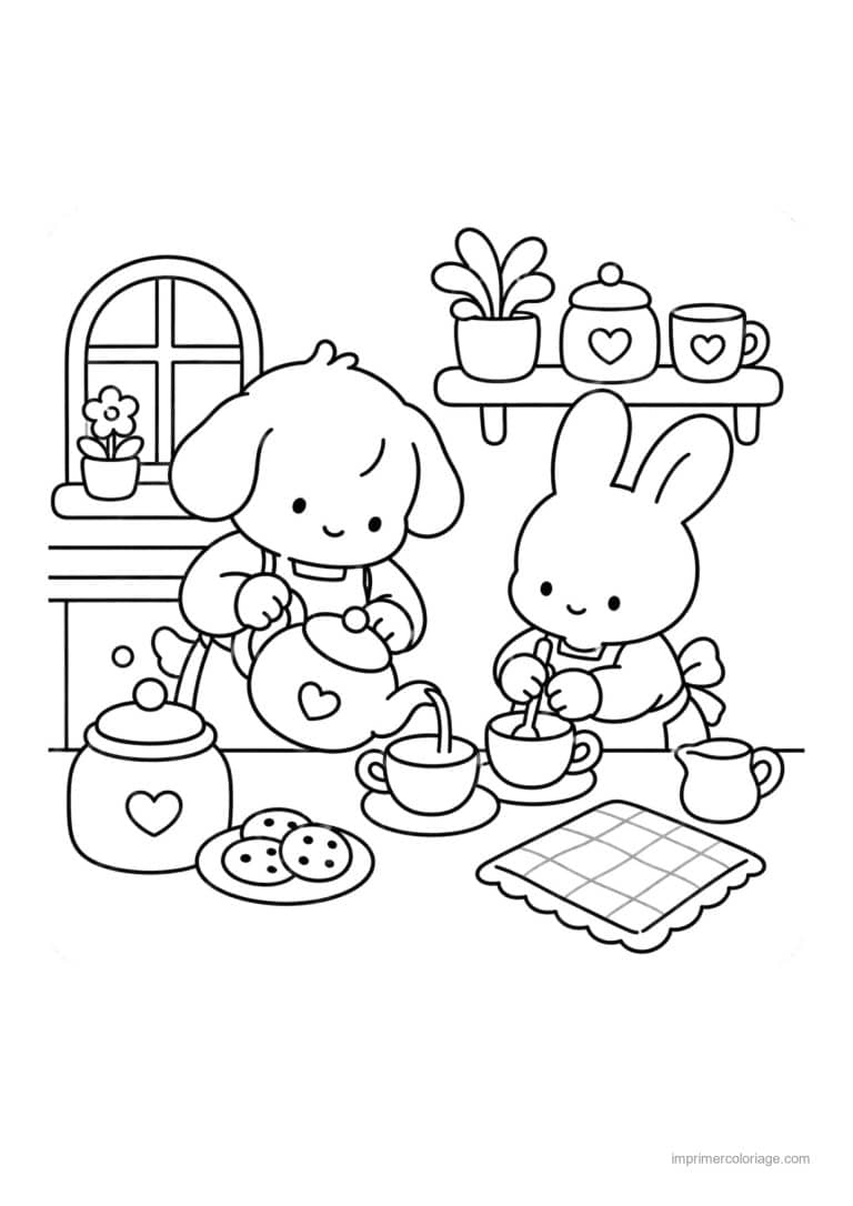 coloriage cocooning chien et lapin servent le the - dessin gratuit &agrave; imprimer