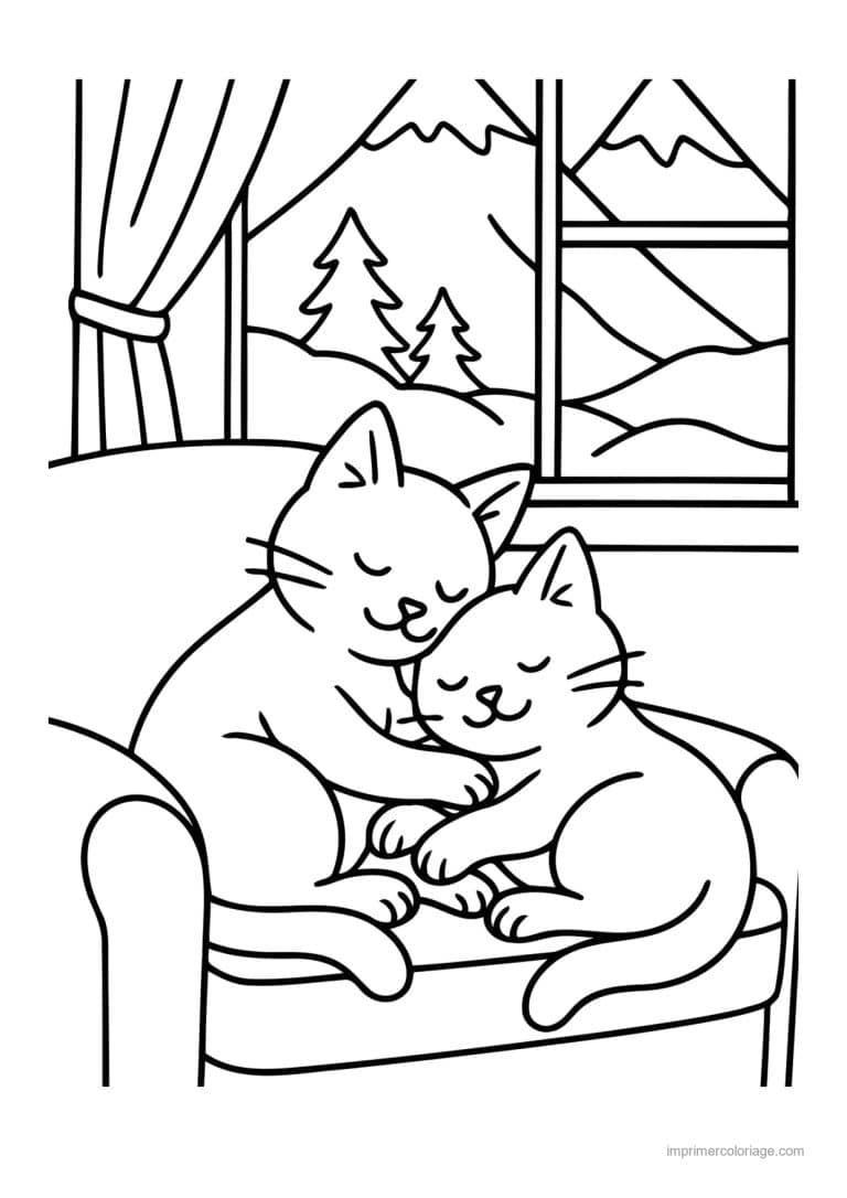 coloriage cocooning deux chats blottis dans un fauteuil - dessin gratuit &agrave; imprimer