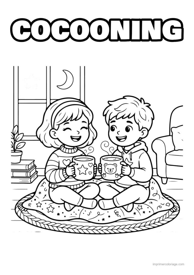 coloriage cocooning enfants boivent un chocolat chaud - dessin gratuit &agrave; imprimer