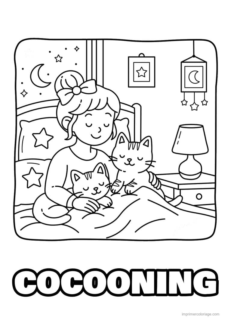 coloriage cocooning fille au lit avec ses chats - dessin gratuit &agrave; imprimer