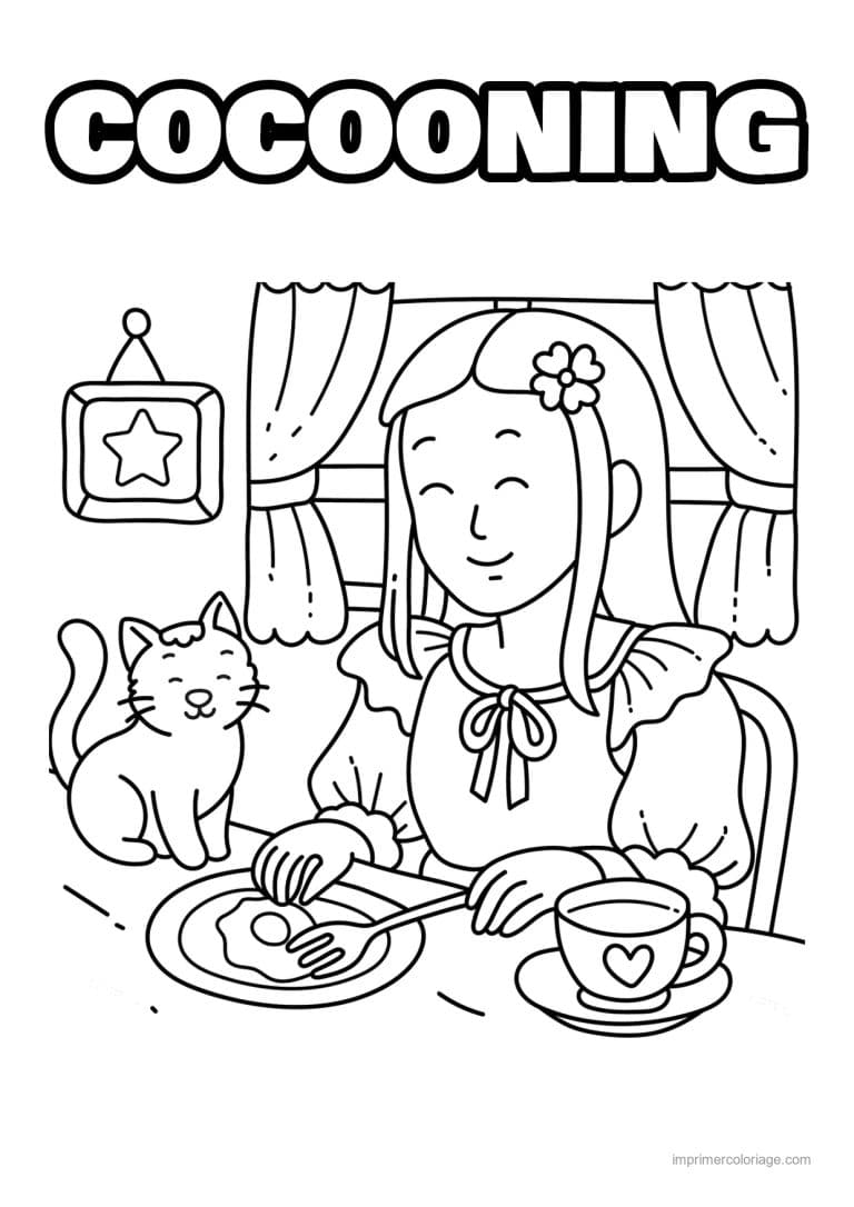 coloriage cocooning fille et chat au petit dejeuner - dessin gratuit &agrave; imprimer
